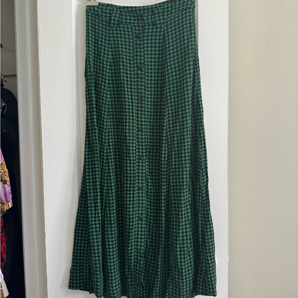 Ganni Green Gingham Button-Down Maxi Skirt